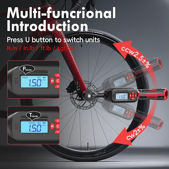 1/4" Digital Torque Wrench, 1-22 Ft.lb/1.5-30 N.m, ±2% Accuracy, LED Display, USB Data Storage, 4 Units, Two modes, Triple Alert, Precision Torque Tool, Red