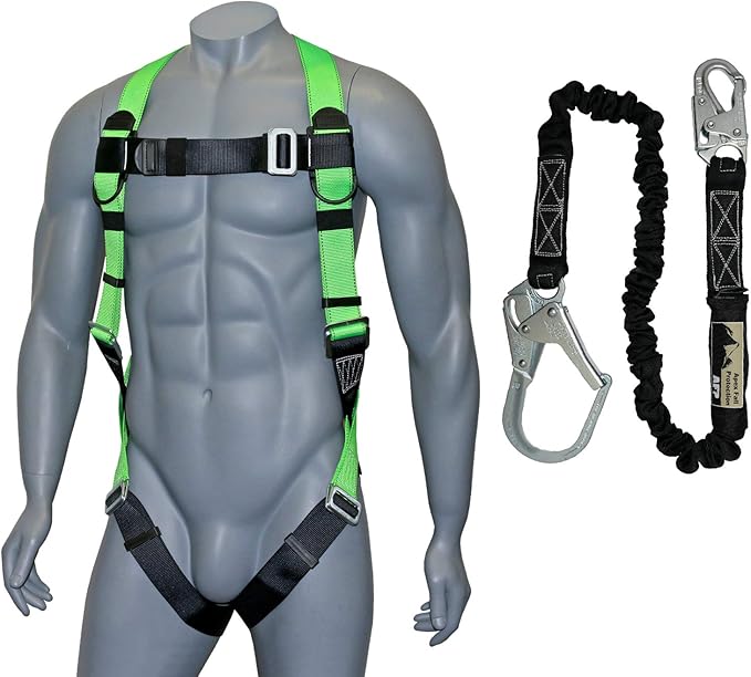 AFP Universal Full-Body Fall Protection Safety Harness with Dorsal D-Ring and Mating Buckle Legs | Roofer, Construction, Scaffolding PPE | High-Visibility Green | Shock Absorbing Lanyard (OSHA/ANSI)