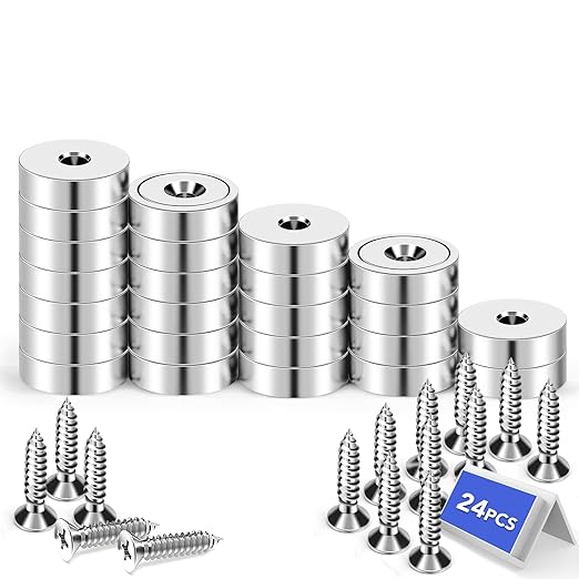 LOVIMAG 30LBS Neodymium Magnets, 24Pack Round Strong Rare Earth Magnets with Screws for Tool Room, Science and Wall Mounting-0.78 * 0.2 inch