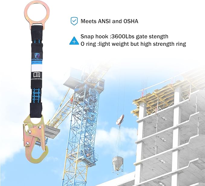 18 Inch D Ring Extender with Galvanized Steel Self Locking Snap Hook and O Ring，Heavy Duty Fall Protection Safety Harness Extension Lanyard，For Construction & Roofing, OSHA/ANSI Compliant