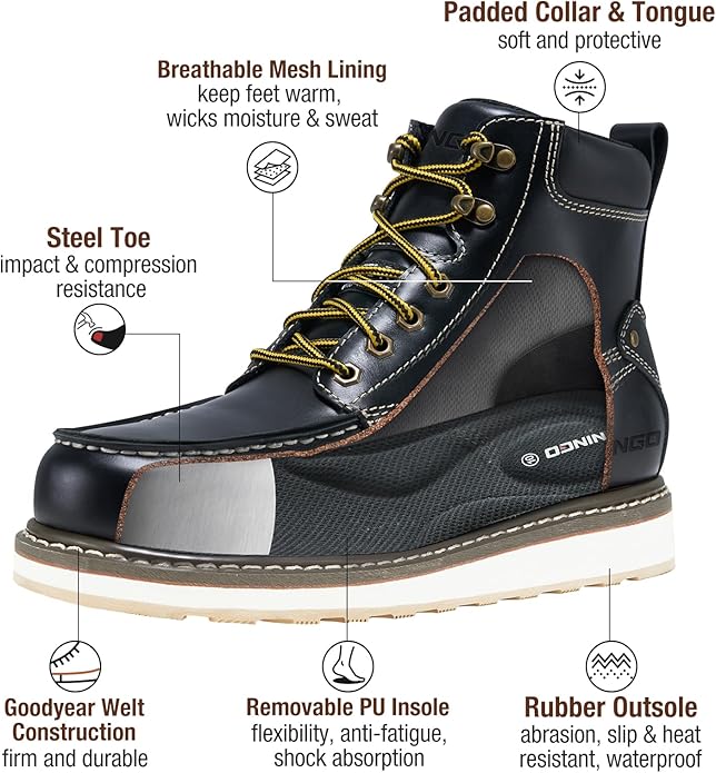 HISEA NINGO Work Boots for Men Steel/Soft Toe Boots,6” Water Resistant Slip Resistant Industrial & Construction Work Shoes, Composite Toe Working Boot