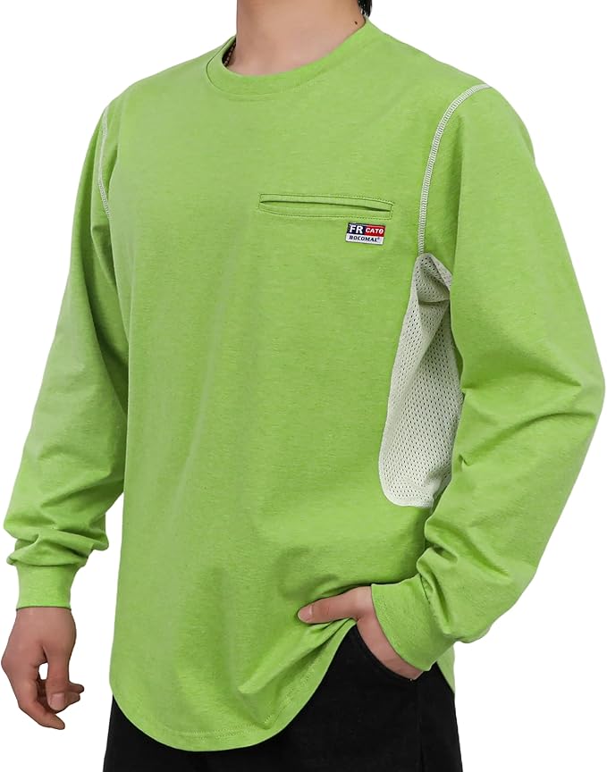 BOCOMAL FR Shirts for Summer Breathable Vented Design 6oz Heather Jersey Flame Resistant Long Sleeve Crew T Shirt