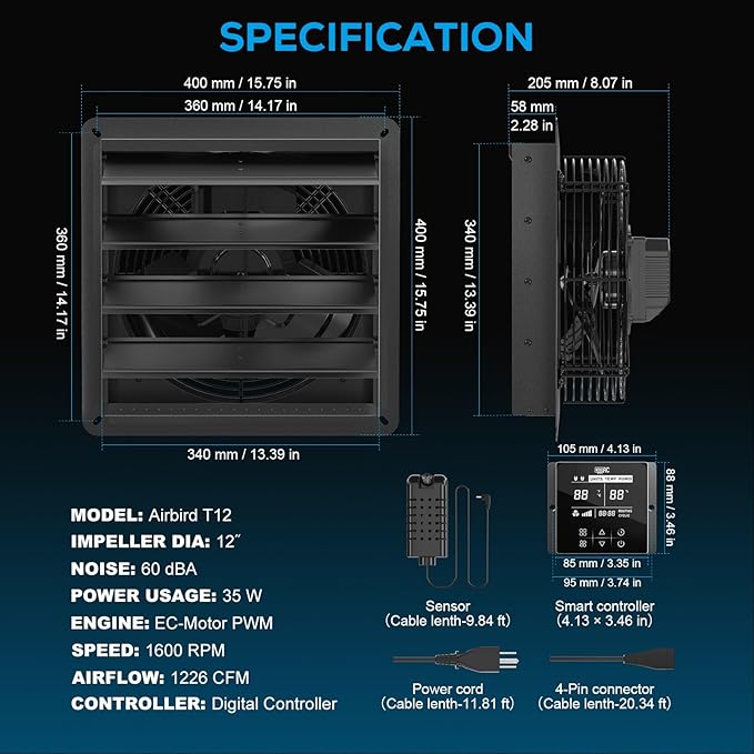 12 Inch Shutter Exhaust Fan, 1226 CFM High-Speed Vent Fan with Temperature Humidity Controller, Ventilation and Cooling for Greenhouses, Garages, Attics, Studios, Workshops