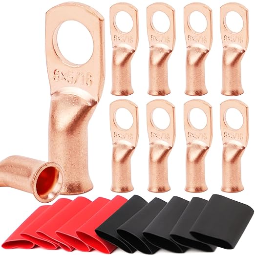 TKDMR 10pcs 8 AWG-5/16 Battery Lugs,Heavy Duty Wire Lugs,Ring Terminals,Battery Cable Ends,0 Guage terminals,Battery Terminal Connectors with 10pcs 3:1 Heat Shrink Tubing