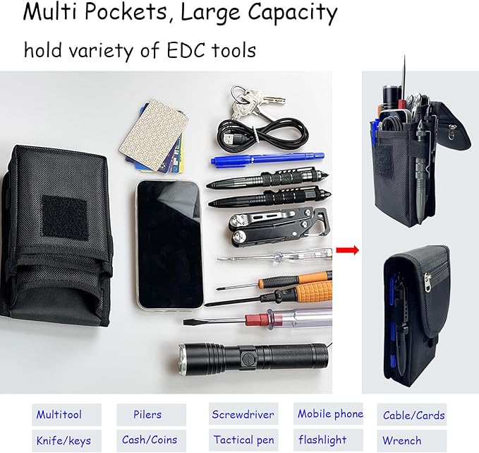 Belt Tool Pouch,Tactical Utility Pouch, Heavy-Duty Nylon EDC Multitool Organizer,Cell Phone Holder, Multi-Pockets Tool Holster Sheath Bag for Electricians Handymen Work Maintenance Dailylife Hiking