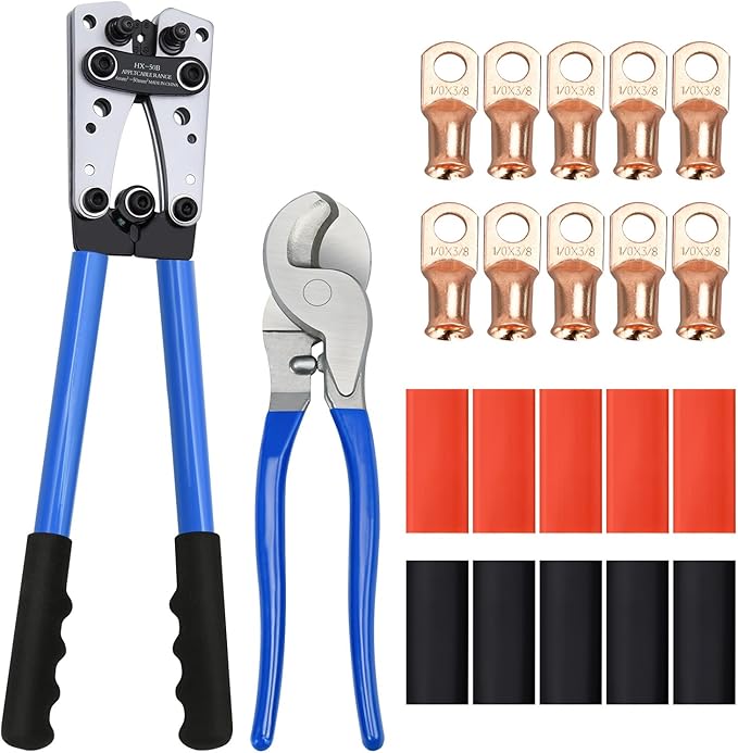 Cable Lug Crimping Tool Set, with 10pcs 1/0 AWG-3/8 Battery Lugs and 10pcs 3:1 Heat Shrink Tubing