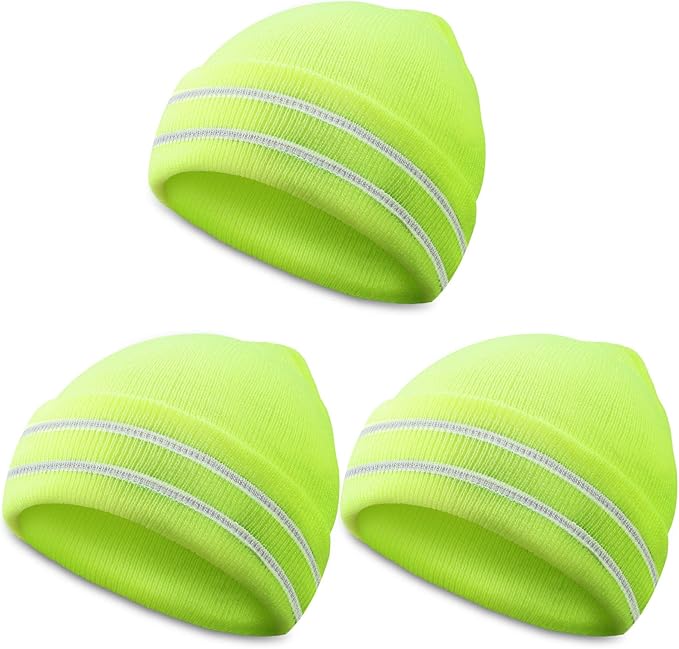 JenPen 3 Pcs Safety Beanie Reflective Hat Winter High Visibility Unisex Knit Beanie Hat Running Cap Headwear for Men Women