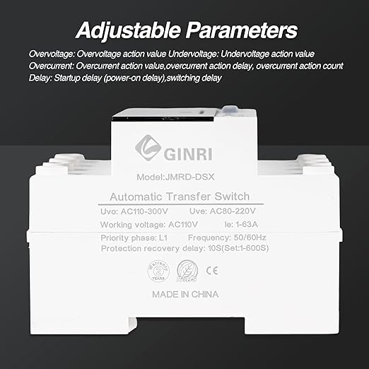 63A 110V Automatic Transfer Switch, Auto/Manual Generator Transfer Switch, DIN Rail Mount ATS with LED Display Safety Protections for Home Generator Inverter Utility Power L1 Priority Phase Selector