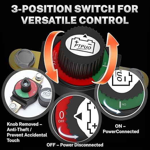 Side Post Battery Disconnect Switch 12V–48V, Nylon 66 & Brass, Flame-Retardant, Corrosion-Resistant, Battery Cut Shut Off Kill Switch for Car Trucks RVs Marine and Camp Trailers