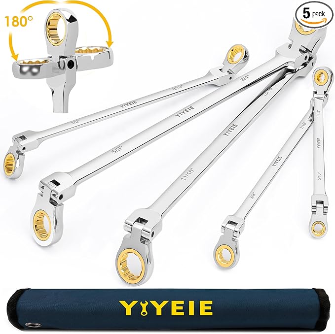 Extra Long Flex-Head Ratcheting Wrench Set, SAE 1/4" to 13/16", 5 Pcs Double Box End Long Handle Ratchet Wrenches, 72-Teeth, CR-V Labor-Saving Aviation Spanner with Pouch, Extra Torque for Tight Bolts