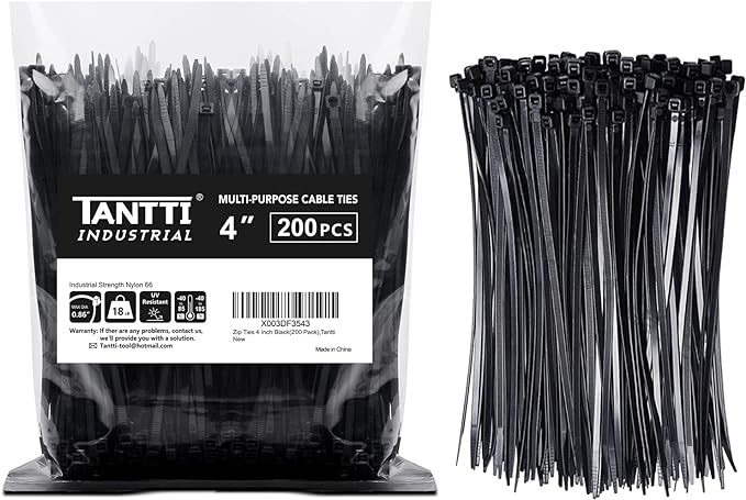 Zip Ties 4 inch (200 Pack), Small Zip Ties with 18 lb Tensile Strength, Black, by Tantti Supply