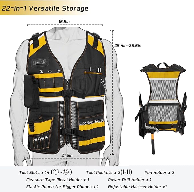 Electrician Tool Vest for Men, Reflective Safety Work Vest with Adjustable Thick Straps, Removable Phone Holder for Electrical, Carpenters, Construction, 22 Pockets