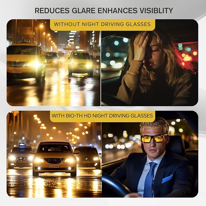 Bio-th Night Driving Glasses Anti Glare, Polarized Night Vision Glasses for Driving, HD Yellow Tint Lens for Rain, Fog & Dark