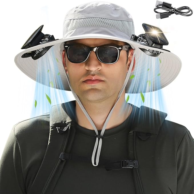 Solar Fan Hat for Men Women, Wide Brim UPF50+ Sun Hat with 2 Removable Fan 3-Speed Wind Solar&USB Charging