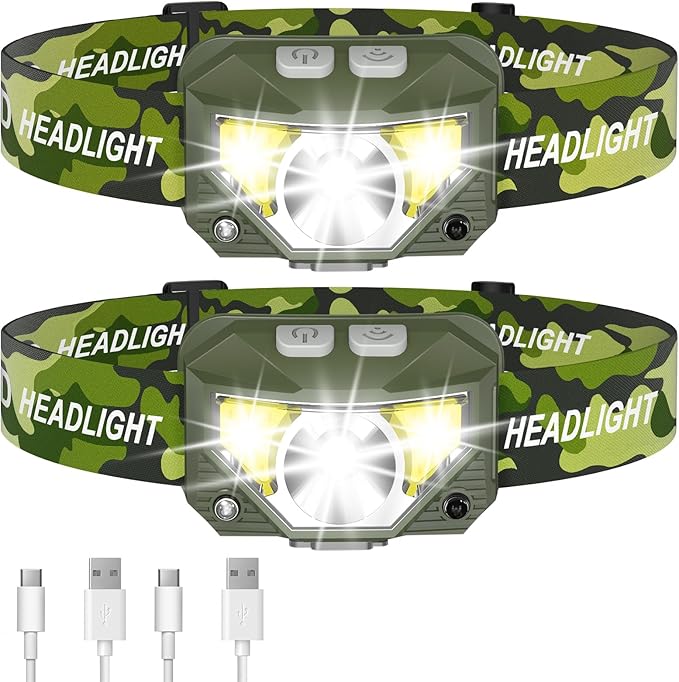 LHKNL Headlamp Flashlight, Lumen Ultra-Light Bright LED Rechargeable Headlight with White Red Light,2-Pack Waterproof Motion Sensor Head Lamp,8 Mode for Outdoor Camping Running Fishing- Green