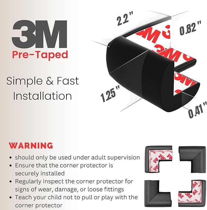 Soft Foam Corner Protectors for Baby, Bed Frame Corner Guards, Sharp Edge Desk Furniture Safety Cover Bumpers for Kids, 3M Adhesive Pre-Taped Rubber Padding Cushion (Black, 8 Pack)