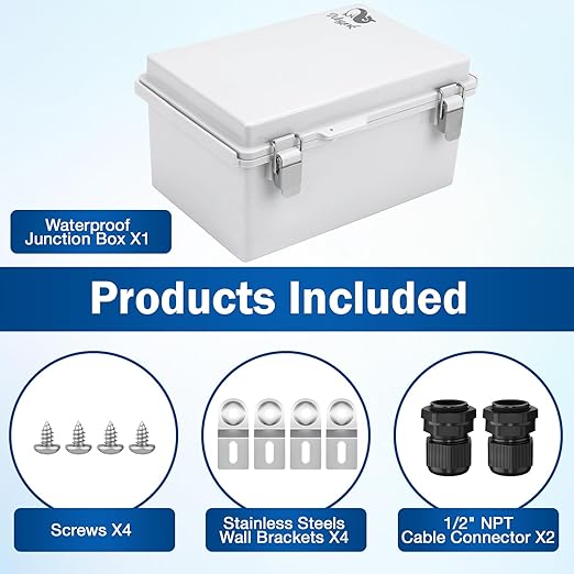 WISYOK Waterproof Outdoor Electrical Box, 11"x7.5"x5.5" Weatherproof IP67 ABS Junction Box with Mounting Plate, Hinged Cover, Wall Brackets, Grey Enclosure for Outdoor Projects