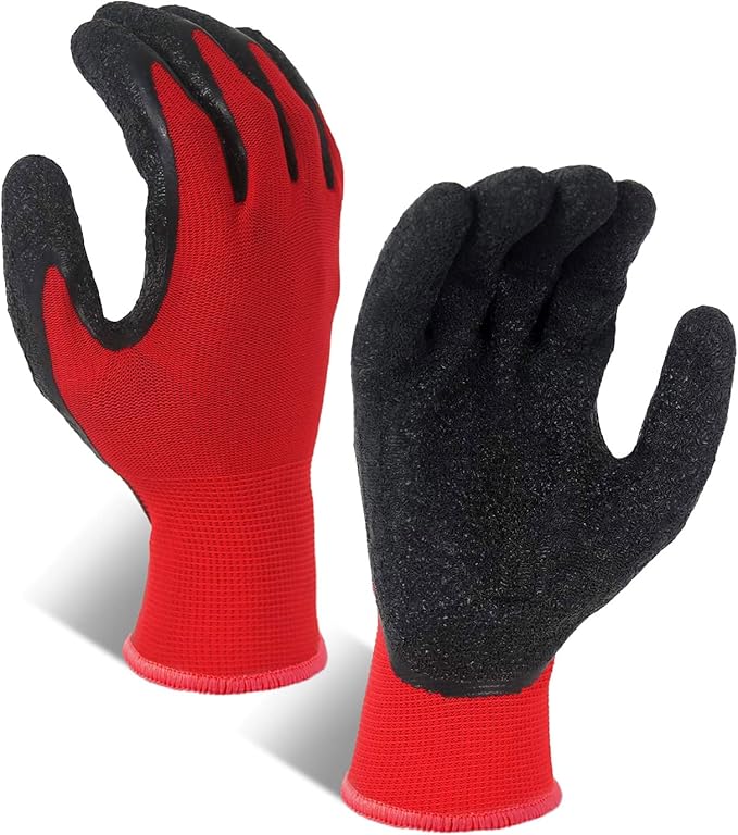Evridwear Crinkle Latex Rubber Hand Coated Safety Work Gloves for Men Women General Multi Use Construction Warehouse Gardening Assembly Landscaping,Red X-small 12 Pairs Pack