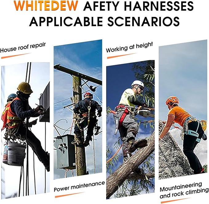 Fall Protection Premium Safety Harness with Shock Absorbing Lanyard, Vented & Padded Shoulder, Legs & Back - Upgrade 4 Quick Buckles (Orange)