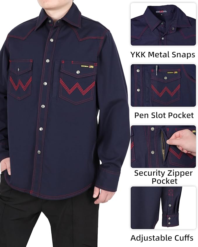 BOCOMAL FR Welding Shirts Heavyweight Stretch Canvas Snaps Down Reinforced Stitching Western Style Fire Resistant Jackets