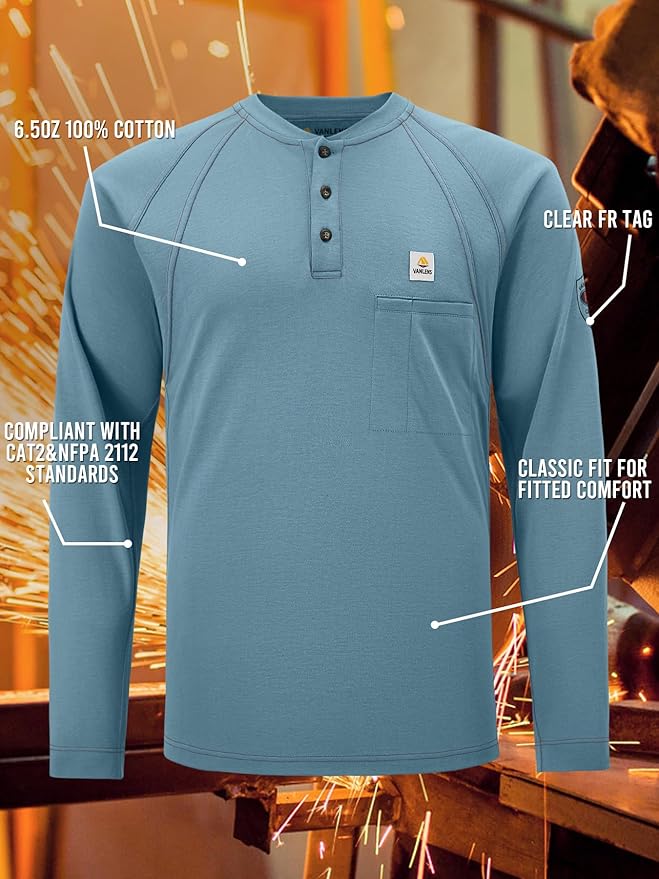 FR Shirts for Men Light Weight Flame Resistant Henley Shirts Long Sleeve Shirts HRC2/CAT2 6.5oz 100% Cotton