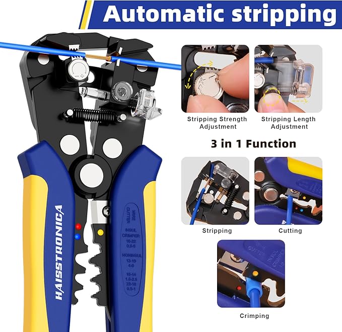 haisstronica Wire Stripper Tools Set for Professional Electrician,10-24AWG,3 Pack Self-Adjusting Wire Stripper & Flush Cutter & Cable Cutters for Wire Stripping, Cutting, Crimping, Cable Skinning