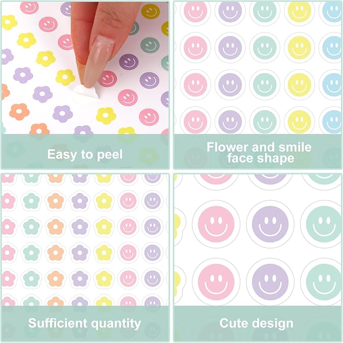JarThenaAMCS 2400Pcs Mini Flower and Smile Face Sticker Pastel Floral Paper Decal Preppy Self-Adhesive Sticker for Planner Reward Envelope Scrapbook DIY Supplies, 0.5 in