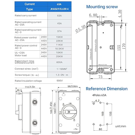 63 Amp Disconnect Switch 690V AC, IP66 Waterproof, Isolation PV Disconnect On Off Combiner Box, 4 Pole 63A Combiner Box for PV System