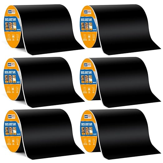 ADHES Deck Joist Tape, 6" x 50', 6 Rolls Weather Resistance & Waterproof Butyl Joist Tape for Decking, Deck Flashing Tape, Ideal for Wood Decks Beams Roof, Outdoor Construction Use
