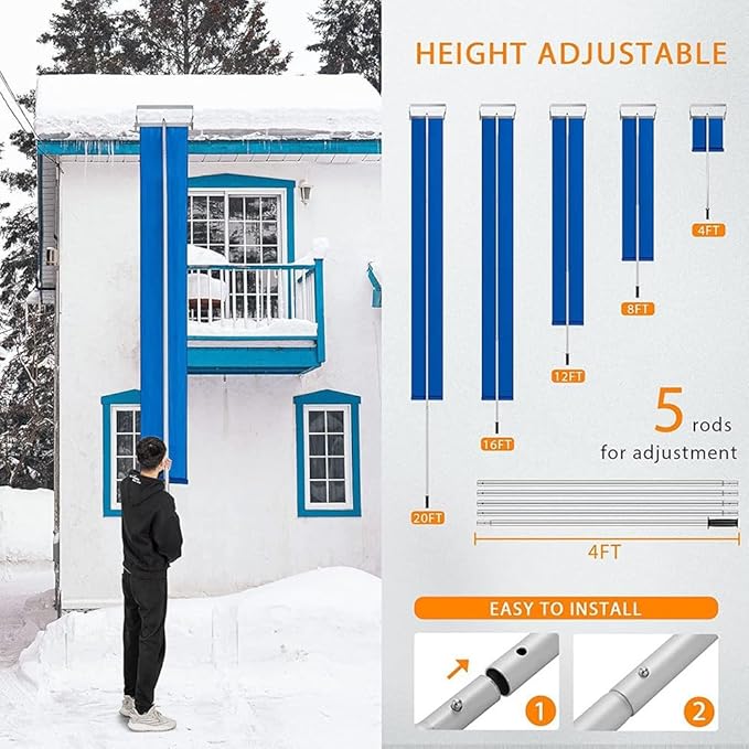 MUHM Tarp, Snow Roof Rake, 30FT Adjustable Aluminum Roof Snow Removal Tool, 420D Oxford Cloth, Sturdy Cutting Frame, Anti-Slip Handle