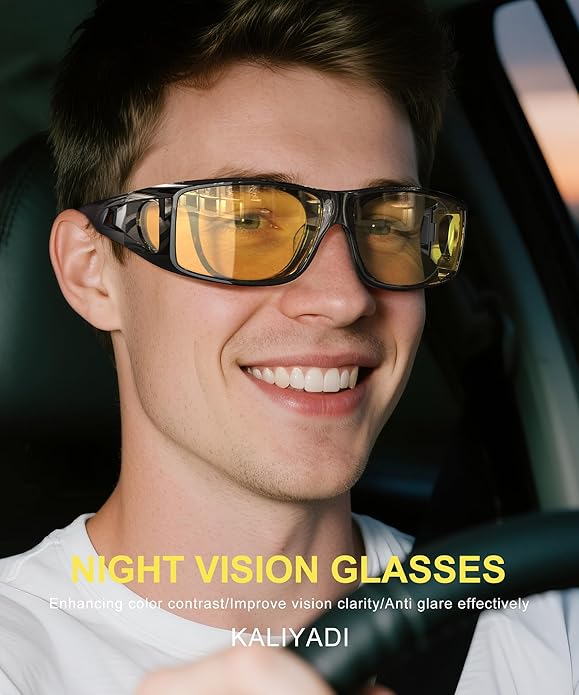 KALIYADI Night-Vision-Glasses Fit-Over-Glasses Wrap-Around Glasses: Anti Glare Night Driving Glasses for men women HD Lens