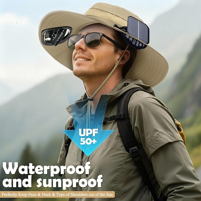 Berlune Men Sun Hat with 2 Solar Fans Wide Brim Outdoor Fishing Hat USB & Solar Powered for Sun Protection Camping Hiking