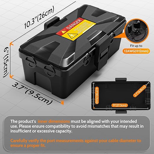 Wowbox Medium Outdoor Electrical Box Waterproof (10.3 x 6X 3.7inch), Black Weatherproof Extension Cord Box w/6 Cable Entry, IP54 Waterproof Outdoor Outlet Covers for Power Strip, Plug