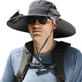 Men's Wide Brim Solar Fan Outdoor Fishing Hat in Grey - includes 2 Solar Fans, Medium, Black