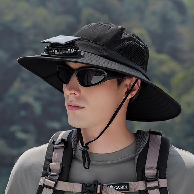 Extra Wide Brim Solar Fan Hat, Mens Fishing Hat with Fan, Neck Flap Sun Hat, UPF 50+ Solar Powered Cooling Cap Fisherman Hats