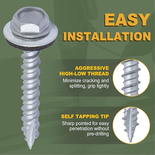 LIONMAX 500-PCS Metal Roofing Screws #10 × 2 Inch, Rustproof Coating Hex Head Sheet Metal to Wood Siding Screw with Rubber Washer, Sharp Point, Hex Socket Included