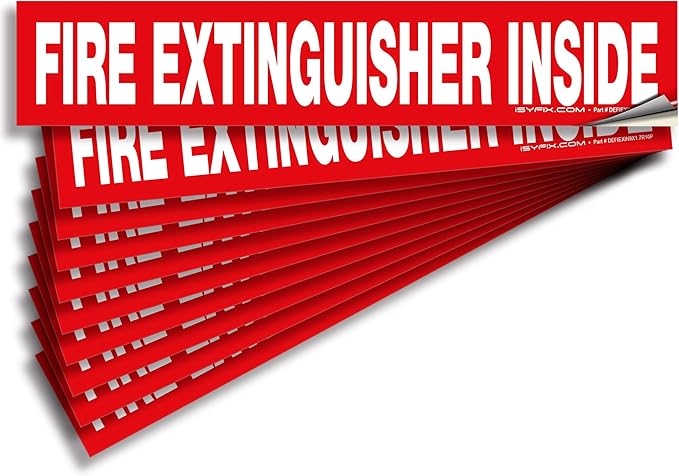 iSYFIX Fire Extinguisher Inside Sticker Sign – 10 Pack 9x1.7 Inch – Self-Adhesive Vinyl Decals, Laminated for UV, Weather, Scratch, Fade Resistance, for Cars, Trucks, Trailers, Rv's and Vehicles