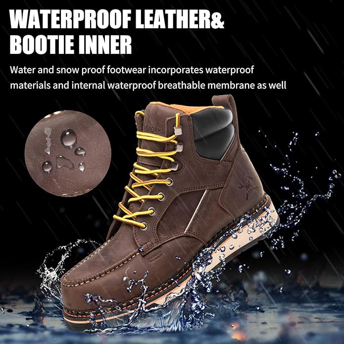 MWORK 6" Moc Toe Work Boots For Men Wedge Sole Leather Waterproof ASTM F2413-18 Safety Metallic Toe EH Rated Arch Support Anti Fatigue
