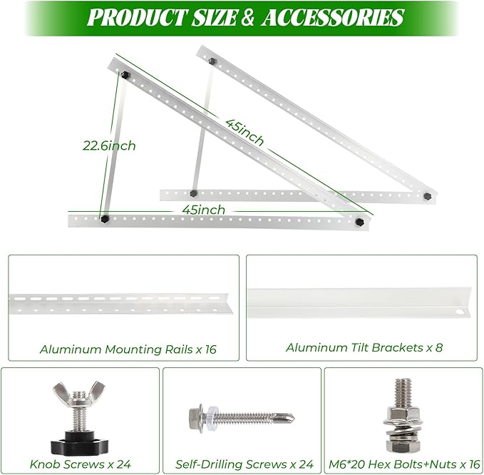 45inch Solar Panel Mounting Brackets, 4 Sets Solar Panel Mounting Kit for 100-400 Watts Solar Panel, 0 to 90° Adjustable Solar Panel Mounting Rails, Lightweight Aluminum Solar Panel Stand