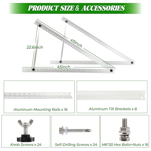 4 Sets 45inch Solar Panel Mounting Brackets, 0 to 90° Adjustable Solar Panel Mounting Rails, Fit for 150 200 400 600 Watt Solar Support Racks with Foldable Tilt Legsnel