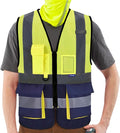 A-SAFETY High Visibility Safety Vest with 4 Reflective Strips 7 Pockets,Yellow&Navy Mesh X-Small
