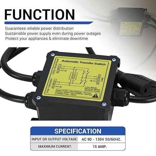 AC120V 15Amp Automatic Transfer Switch, Generator ATS Auto Transfer Switch (NEMA 5-15P/R)