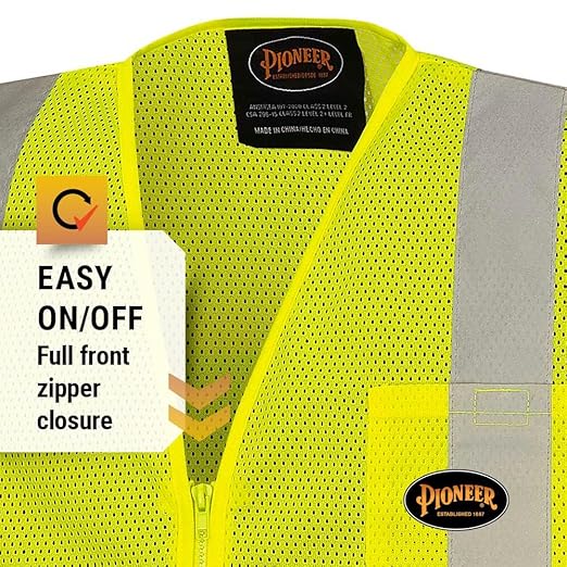 Pioneer Hi Vis Self-Extinguishing FR Safety Vest for Men & Women - Flame Resistant Mesh with Reflective Tape - Class 2