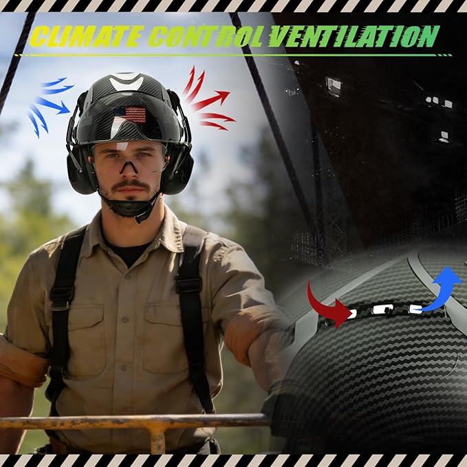 Hard Hat with Dual Visor and Hearing Protection-OSHA Approved Construction Hard Hats with Visor Sunglasses Earmuffs for Men,Vented Forestry Chainsaw Arborist Helmet with Chin Straps