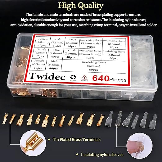 Twidec/640Pcs 2.8/4.8/6.3mm Quick Splice Male and Female Wire Spade Connector Crimp Terminal & Bullet Connectors Terminals Crimp Block Kit Golden with Insulating Sleeve Wiring Car Speaker N-001