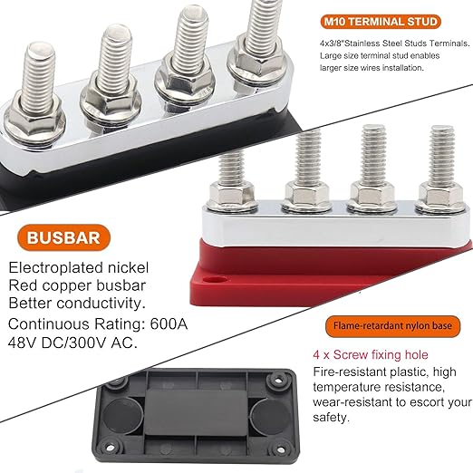 Bus Bar 12V-48V 600A Copper Busbar Distribution Blocks with 4X 3/8" Posts Terminals Powerbar, Heavy Duty DC Battery Junction Blocks 600 Amp for Car RV Truck Boat Solar Marine, Red&Black 2 Pack