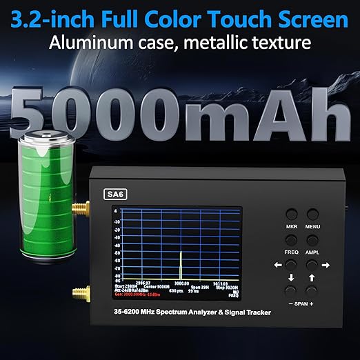 SA6 6GHz Portable Spectrum Analyzer, 3.2 "Color Touch Screen 35 MHz to 6200 MHz Handheld Micro Frequency Analyzer, 2-in-1 Signal Generator for Wi-Fi 2G 3G 4G LTE, CDMA, DCS, GSM, GPRS, GLONASS