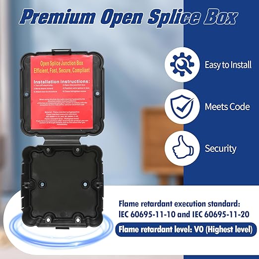 Black Open Splice Junction Box (2 Pack)，Open Splices Repair Open Splices, 5 Second Installation Splice Box, Wire Electrical Junction Box with Cover V0 Flame Retardant Rating(Highest Level)