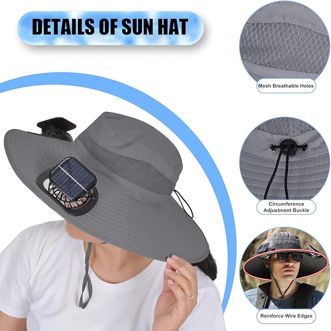 Solar Fan Sun Hat, Widen Brim Outdoor Fishing Men Hat with 2 Fans, Adjsutable 180°Rotating Cooling UPF 50+