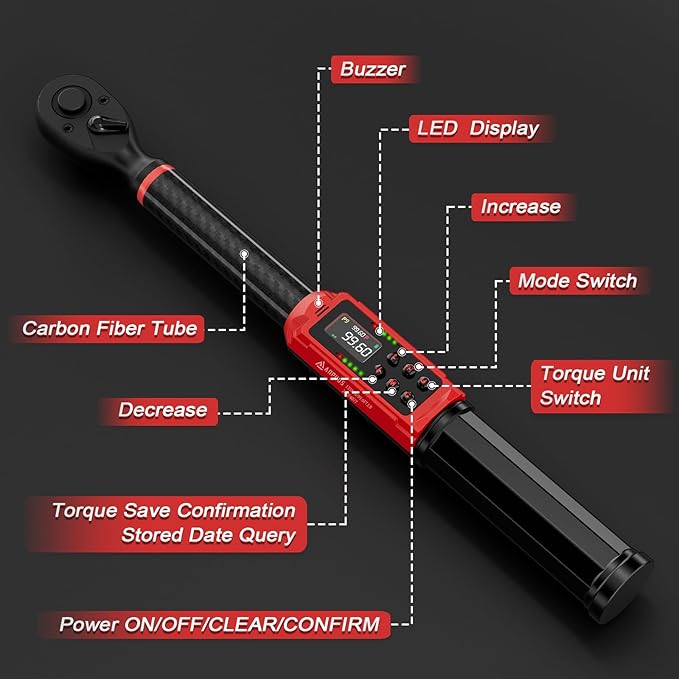 Digital Torque Wrench 3/8 Drive, Carbon Fiber Tube, 1.5-99.6Ft.lb/2-135Nm, ±1% Accuracy, Electric Torque Wrench Set with 3/8" to 1/2" Adapter, 125mm Extension Bar for Bike & Motorcycle